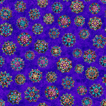 Image of the Night Flight Stained Glass Medallions Violet quilting cotton fabric by Morris Creative Group for QT Fabrics. Features flowers on a purple background. Cute Little Fabric Shop