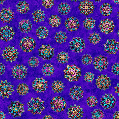 Image of the Night Flight Stained Glass Medallions Violet quilting cotton fabric by Morris Creative Group for QT Fabrics. Features flowers on a purple background. Cute Little Fabric Shop