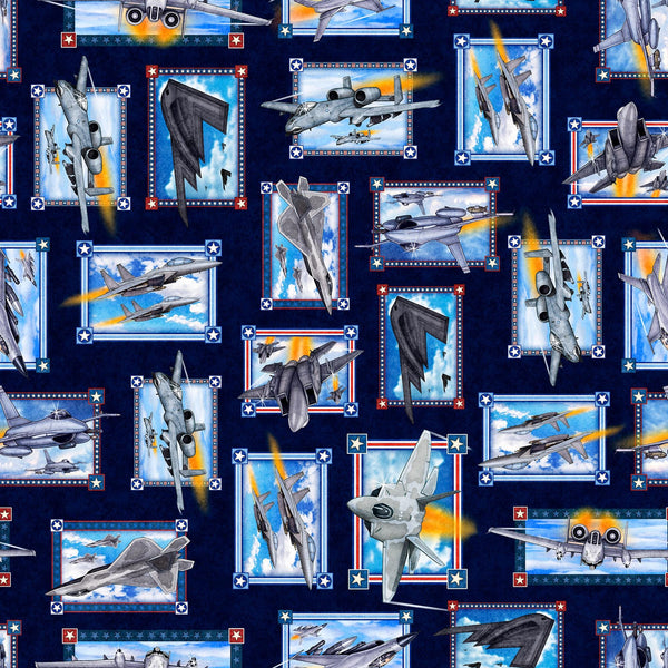 Image of the Patriot Airforce Patch Navy quilting cotton fabric by QT Fabrics. Features patches on a blue background. Cute Little Fabric Shop
