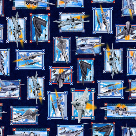 Image of the Patriot Airforce Patch Navy quilting cotton fabric by QT Fabrics. Features patches on a blue background. Cute Little Fabric Shop