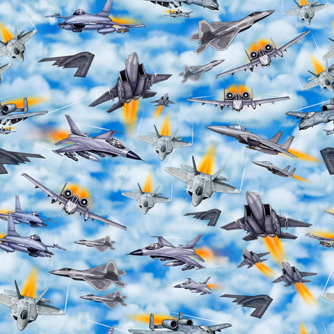 Image of the Patriot Fighter Jets Blue quilting cotton fabric by QT Fabrics. Features icons on a blue background. Cute Little Fabric Shop