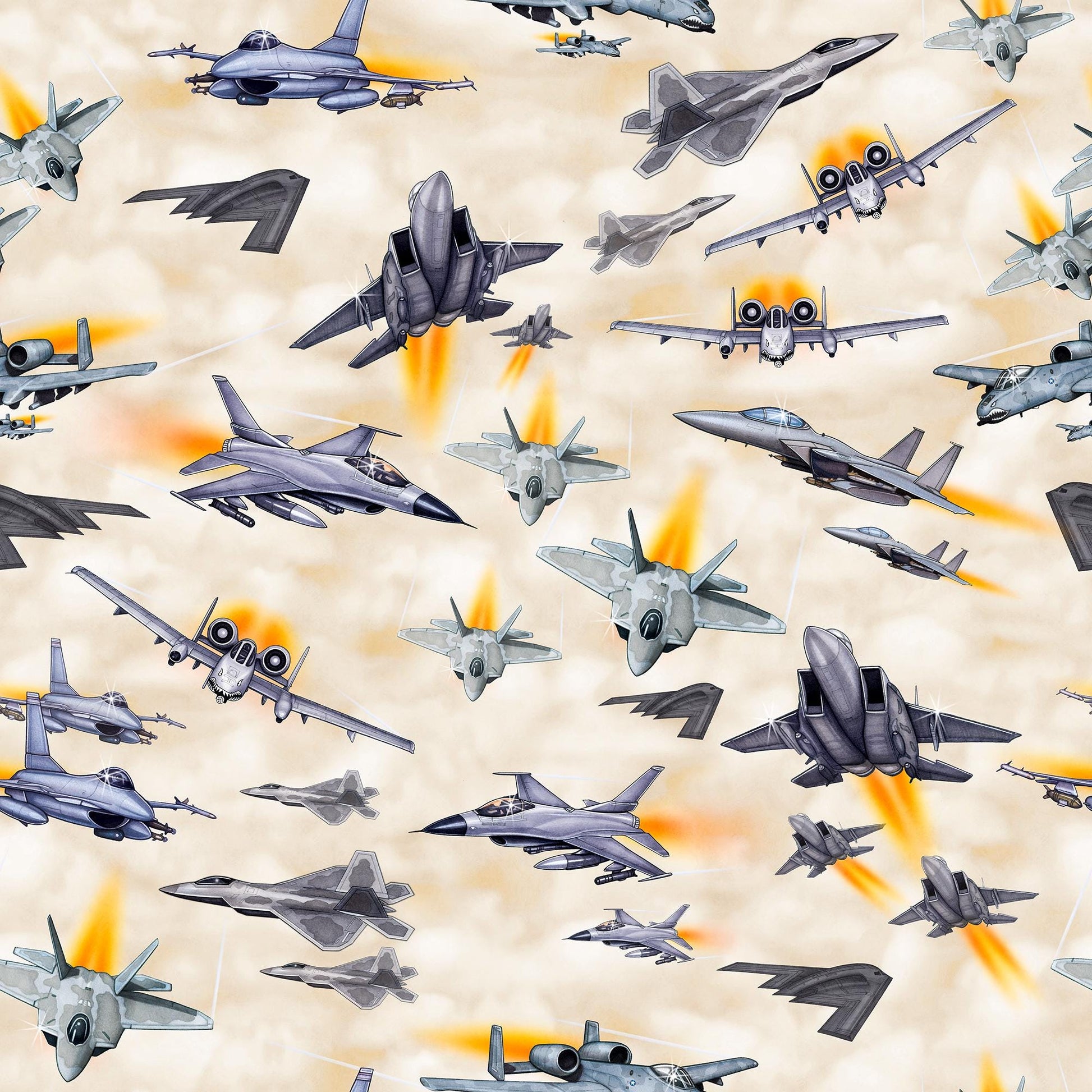 Image of the Patriot Fighter Jets Cream quilting cotton fabric by QT Fabrics. Features planes on a cream background. Cute Little Fabric Shop