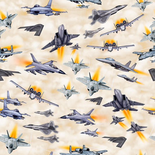 Image of the Patriot Fighter Jets Cream quilting cotton fabric by QT Fabrics. Features planes on a cream background. Cute Little Fabric Shop