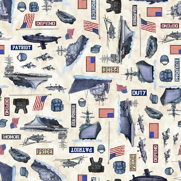 Image of the Patriot Navy Allover Cream quilting cotton fabric by QT Fabrics. Features navy icons on a cream background. Cute Little Fabric Shop