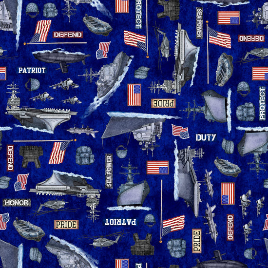 Image of the Patriot Navy Allover Lt Navy quilting cotton fabric by QT Fabrics. Features icons on a blue background. Cute Little Fabric Shop