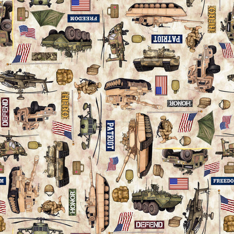 Image of the Patriot Army Allover Tan quilting cotton fabric by QT Fabrics. Features icons on a cream background. Cute Little Fabric Shop