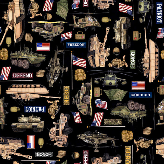 Image of the Patriot Army Allover Black quilting cotton fabric by QT Fabrics. Features icons on a black background. Cute Little Fabric Shop