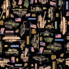 Image of the Patriot Army Allover Black quilting cotton fabric by QT Fabrics. Features icons on a black background. Cute Little Fabric Shop