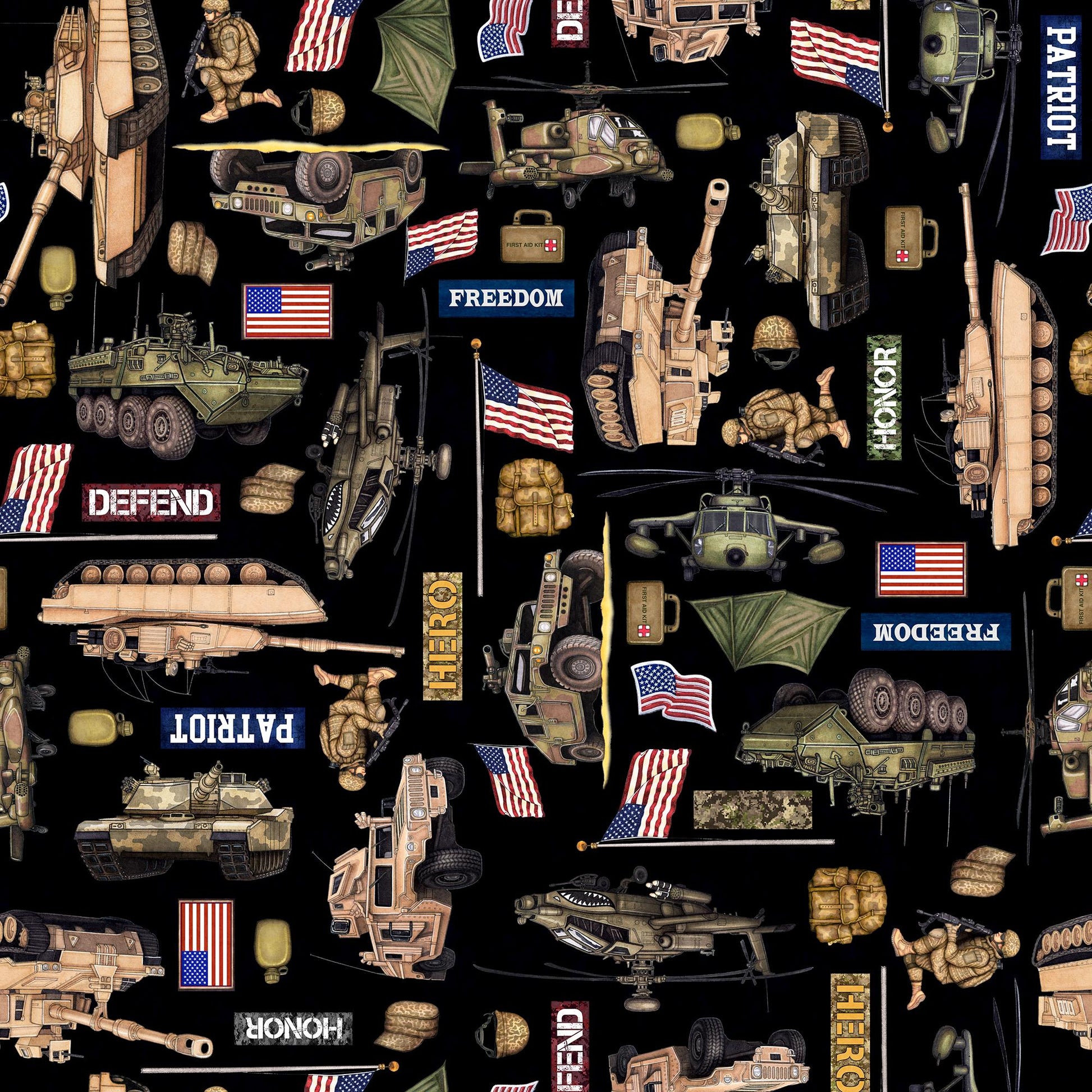 Image of the Patriot Army Allover Black quilting cotton fabric by QT Fabrics. Features icons on a black background. Cute Little Fabric Shop