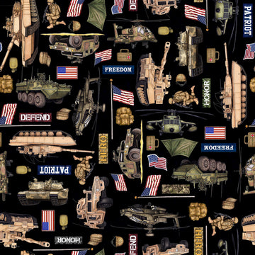 Image of the Patriot Army Allover Black quilting cotton fabric by QT Fabrics. Features icons on a black background. Cute Little Fabric Shop