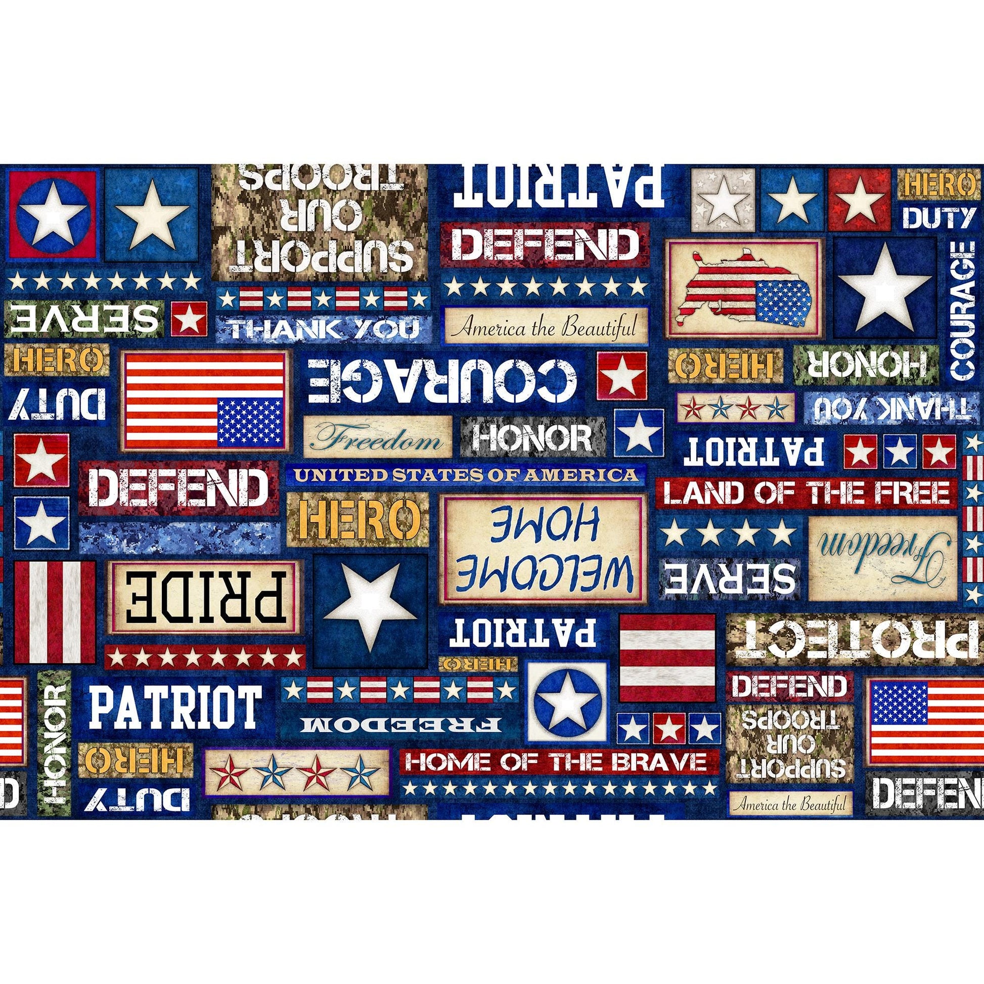 Image of the Patriot Patriotic Text Multi quilting cotton fabric by QT Fabrics. Features icons on a navy background. Cute Little Fabric Shop