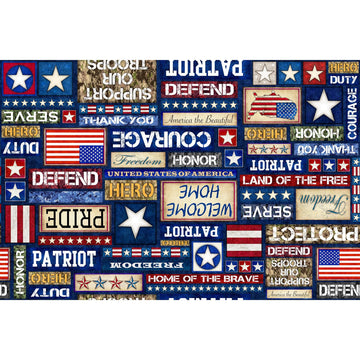 Image of the Patriot Patriotic Text Multi quilting cotton fabric by QT Fabrics. Features icons on a navy background. Cute Little Fabric Shop