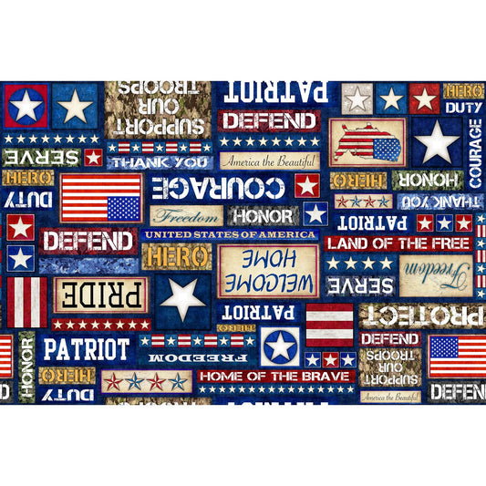 Image of the Patriot Patriotic Text Multi quilting cotton fabric by QT Fabrics. Features icons on a navy background. Cute Little Fabric Shop