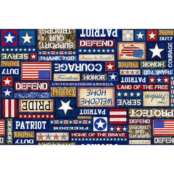 Image of the Patriot Patriotic Text Multi quilting cotton fabric by QT Fabrics. Features icons on a navy background. Cute Little Fabric Shop