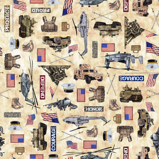Image of the Patriot Army Allover Tan quilting cotton fabric by QT Fabrics. Features icons on a tan background. Cute Little Fabric Shop