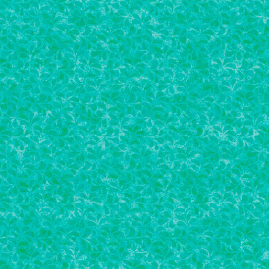 Image of the Spring Bling Leaf Tonal Jade quilting cotton fabric. Features leaves on a teal background. Cute Little Fabric Shop