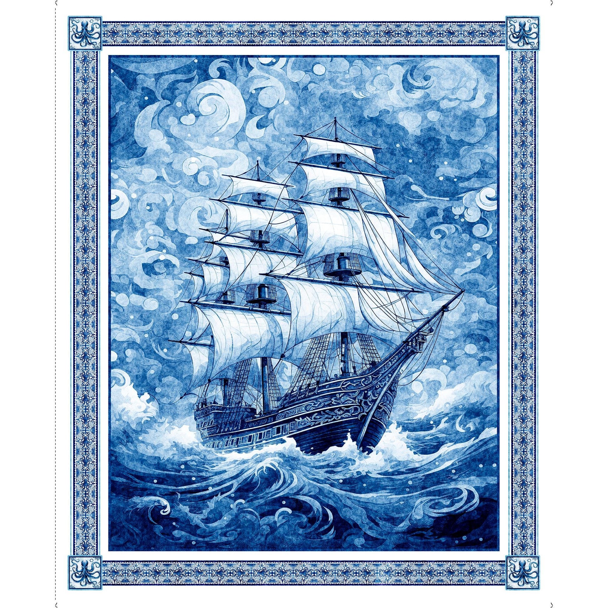 Image of the Ocean Blues Ship Panel quilting cotton fabric by QT Fabrics. Features a large blue boat on a panel. 
Cute Little Fabric Shop
