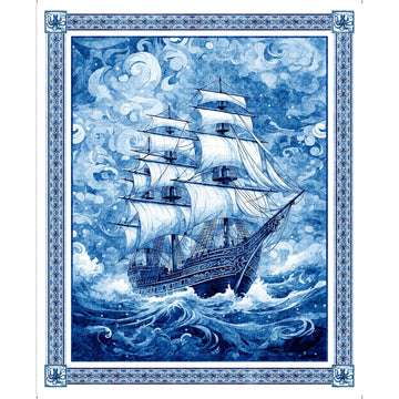 Image of the Ocean Blues Ship Panel quilting cotton fabric by QT Fabrics. Features a large blue boat on a panel. 
Cute Little Fabric Shop