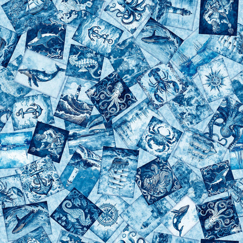 Image of the Ocean Blues Nautical Motif Overlapping Pat Blue quilting cotton fabric by Morris Creative Group for Riley Blake Designs. Features overlapping ocean pictures on a blue background. Cute Little Fabric Shop