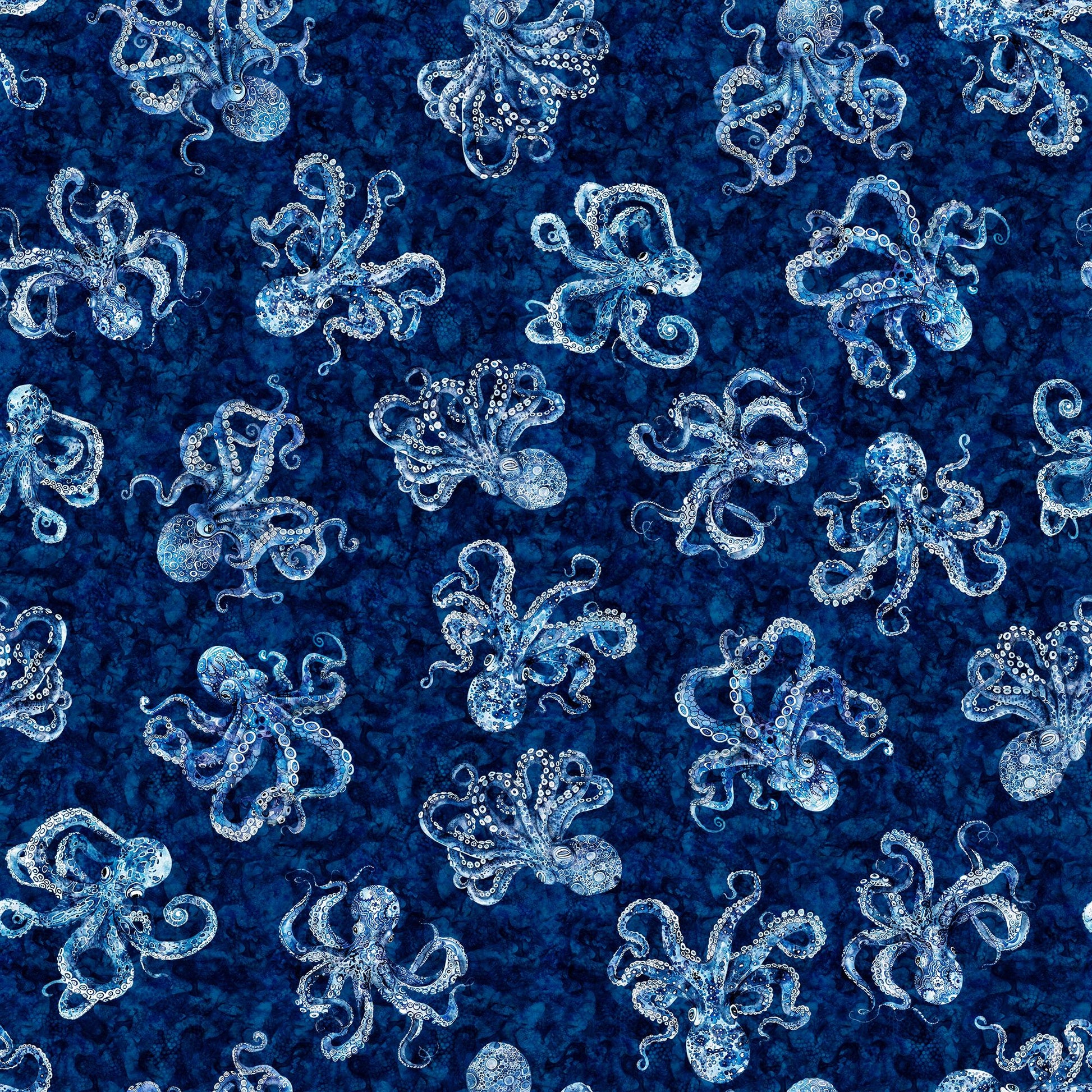 Image of the Ocean Blues Octopus Navy quilting cotton fabric by Morris Creative Group for Riley Blake Designs. Features octopi on a blue background. Cute Little Fabric Shop