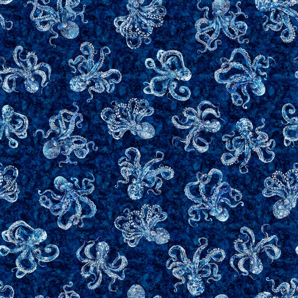 Image of the Ocean Blues Octopus Navy quilting cotton fabric by Morris Creative Group for Riley Blake Designs. Features octopi on a blue background. Cute Little Fabric Shop
