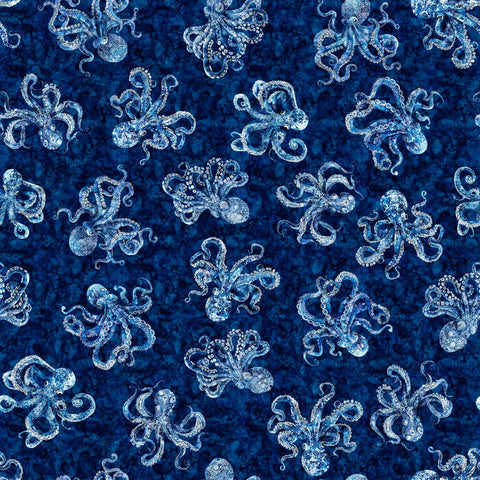 Image of the Ocean Blues Octopus Navy quilting cotton fabric by Morris Creative Group for Riley Blake Designs. Features octopi on a blue background. Cute Little Fabric Shop