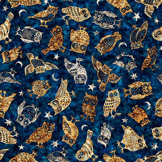 Image of the Wild Woods Owls Navy quilting cotton fabric by Morris Creative Group for QT Fabrics. Features owls on a blue background. Cute Little Fabric Shop