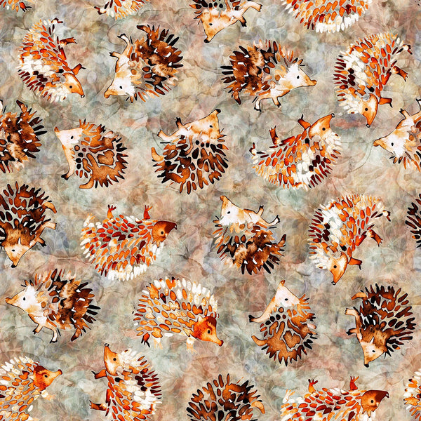 Image of the Wild Woods Hedgehogs Gray quilting cotton fabric by Morris Creative Group for QT Fabrics. Features hedgehogs on a brown background. Cute Little Fabric Shop