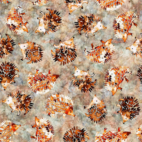 Image of the Wild Woods Hedgehogs Gray quilting cotton fabric by Morris Creative Group for QT Fabrics. Features hedgehogs on a brown background. Cute Little Fabric Shop