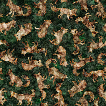 Image of the Wild Woods Foxes Forest quilting cotton fabric by Morris Creative Group for QT Fabrics. Features foxes on a green background. Cute Little Fabric Shop