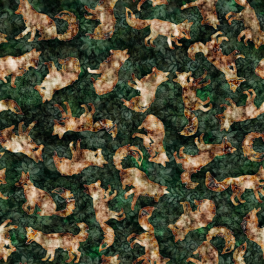 Image of the Wild Woods Foxes Forest quilting cotton fabric by Morris Creative Group for QT Fabrics. Features foxes on a green background. Cute Little Fabric Shop