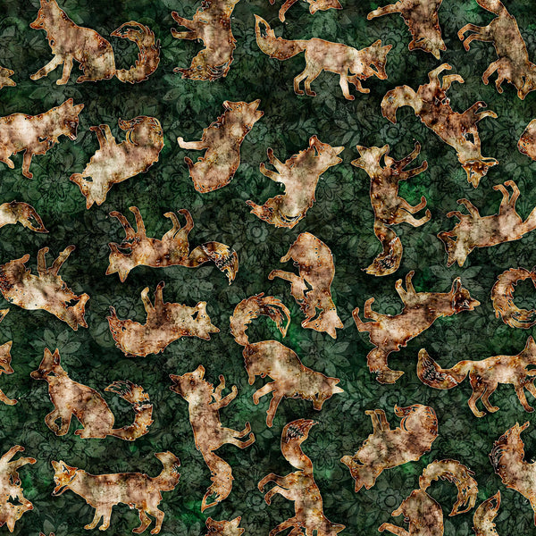 Image of the Wild Woods Foxes Forest quilting cotton fabric by Morris Creative Group for QT Fabrics. Features foxes on a green background. Cute Little Fabric Shop