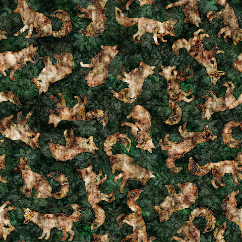 Image of the Wild Woods Foxes Forest quilting cotton fabric by Morris Creative Group for QT Fabrics. Features foxes on a green background. Cute Little Fabric Shop