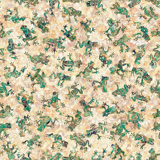 Image of the Wild Woods Frogs Peach quilting cotton fabric by Morris Creative Group for QT Fabrics. Features frogs on a cream background. Cute Little Fabric Shop