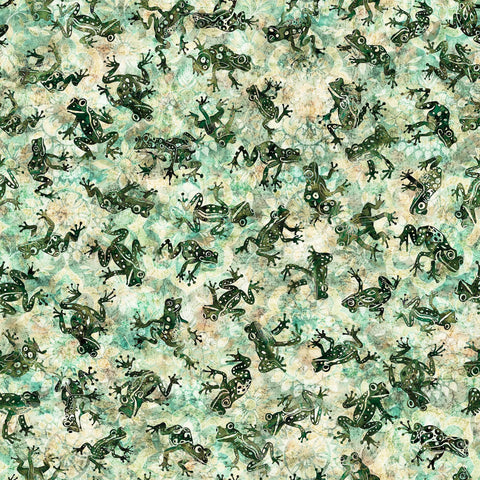 Image of the Wild Woods Frogs Olive quilting cotton fabric by Morris Creative Group for QT Fabrics. Features frogs on a green background. Cute Little Fabric Shop