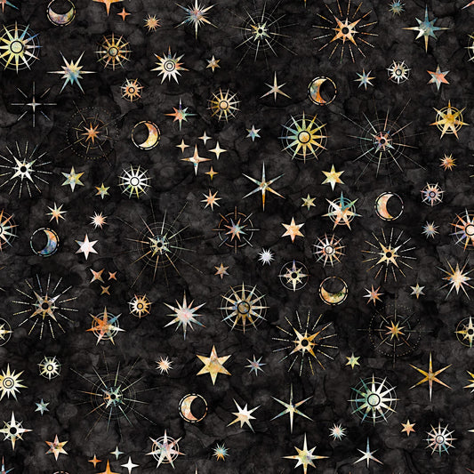 Image of the Wild Woods Night Sky Black quilting cotton fabric by Morris Creative Group for QT Fabrics. Features stars on a black background. Cute Little Fabric Shop