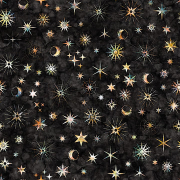 Image of the Wild Woods Night Sky Black quilting cotton fabric by Morris Creative Group for QT Fabrics. Features stars on a black background. Cute Little Fabric Shop