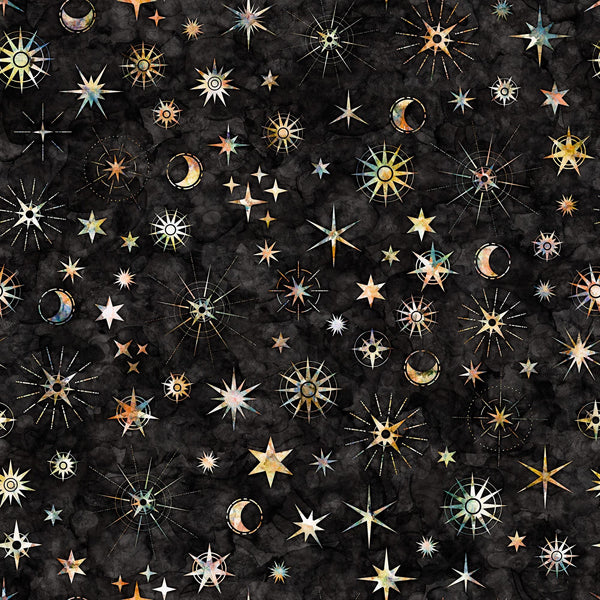 Image of the Wild Woods Night Sky Black quilting cotton fabric by Morris Creative Group for QT Fabrics. Features stars on a black background. Cute Little Fabric Shop