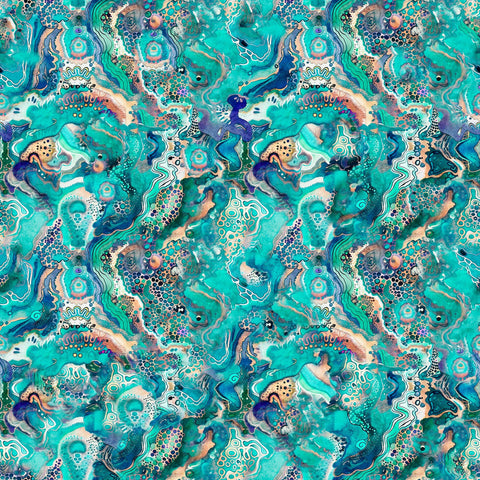 Image of the Wild Woods Abstract Turquoise quilting cotton fabric by Morris Creative Group for QT Fabrics. Features swirl on a blue background. Cute Little Fabric Shop