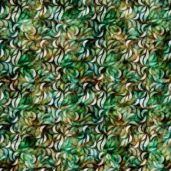 Image of the Wild Woods Foliage Green quilting cotton fabric by Morris Creative Group for QT Fabrics. Features leaves on a green background. Cute Little Fabric Shop