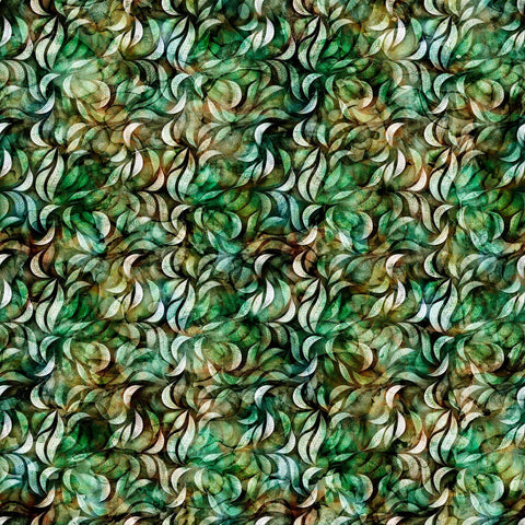 Image of the Wild Woods Foliage Green quilting cotton fabric by Morris Creative Group for QT Fabrics. Features leaves on a green background. Cute Little Fabric Shop