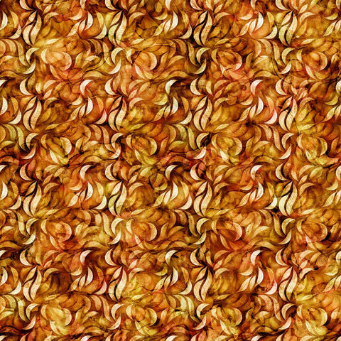 Image of the Wild Woods Foliage Orange quilting cotton fabric by Morris Creative Group for QT Fabrics. Features vines on a gold background. Cute Little Fabric Shop