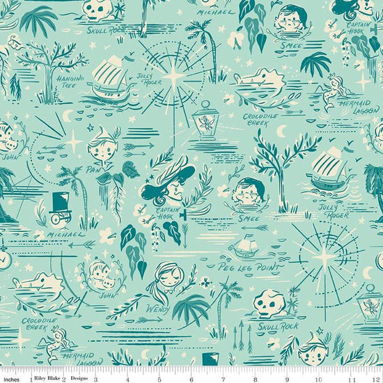 Image of the Forever Neverland Neverland Map Songbird quilting cotton fabric by Jill Howarth for Riley Blake Designs. Features characters on a teal background. Cute Little Fabric Shop
