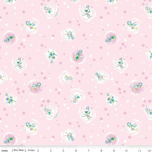 Image of the Forever Neverland Tink Pink quilting cotton fabric by Jill Howarth for Riley Blake Designs. Features tinks on a pink background. Cute Little Fabric Shop
