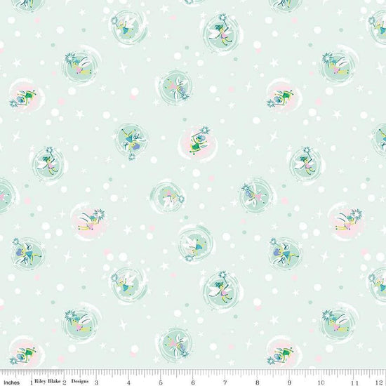 Image of the Forever Neverland Tink Mist quilting cotton fabric by Jill Howarth for Riley Blake Designs. Features tinks on a green background. Cute Little Fabric Shop