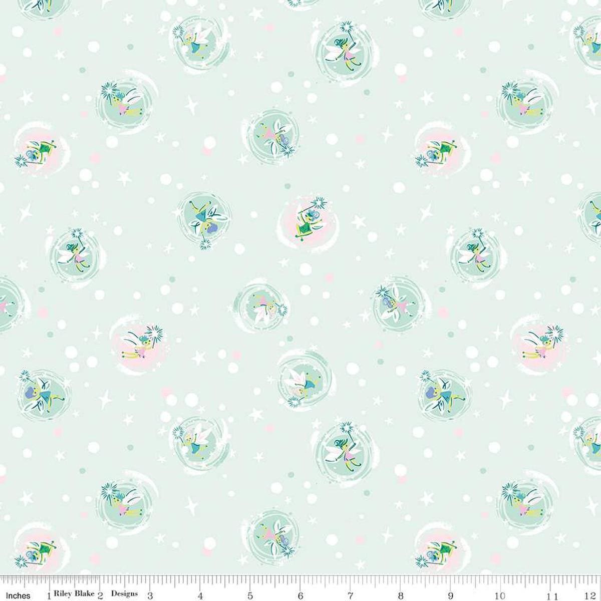 Image of the Forever Neverland Tink Mist quilting cotton fabric by Jill Howarth for Riley Blake Designs. Features tinks on a green background. Cute Little Fabric Shop