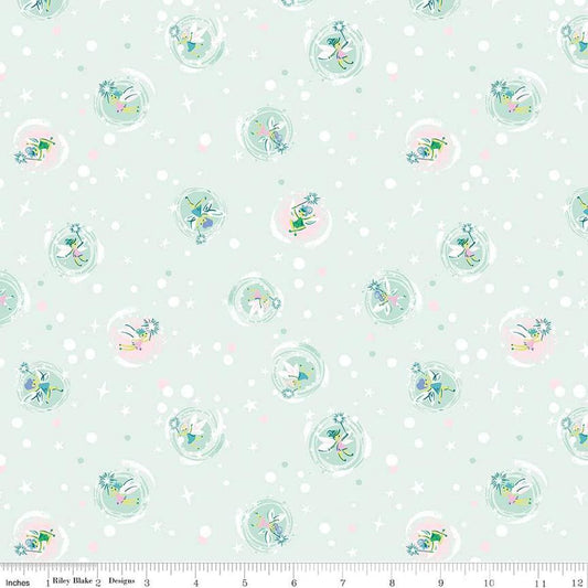 Image of the Forever Neverland Tink Mist quilting cotton fabric by Jill Howarth for Riley Blake Designs. Features tinks on a green background. Cute Little Fabric Shop
