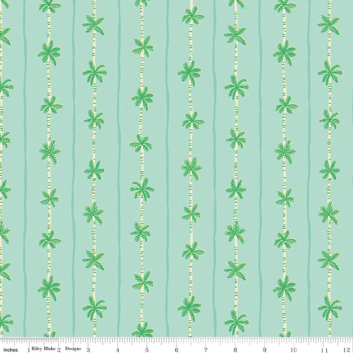Image of the Forever Neverland Palm Stripe Songbird quilting cotton fabric by Jill Howarth for Riley Blake Designs. Features trees on a teal background. Cute Little Fabric Shop