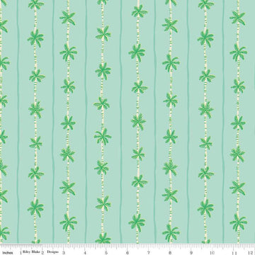 Image of the Forever Neverland Palm Stripe Songbird quilting cotton fabric by Jill Howarth for Riley Blake Designs. Features trees on a teal background. Cute Little Fabric Shop