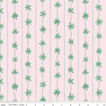 Image of the Forever Neverland Palm Stripe Pink quilting cotton fabric by Jill Howarth for Riley Blake Designs. Features trees on a pink background. Cute Little Fabric Shop